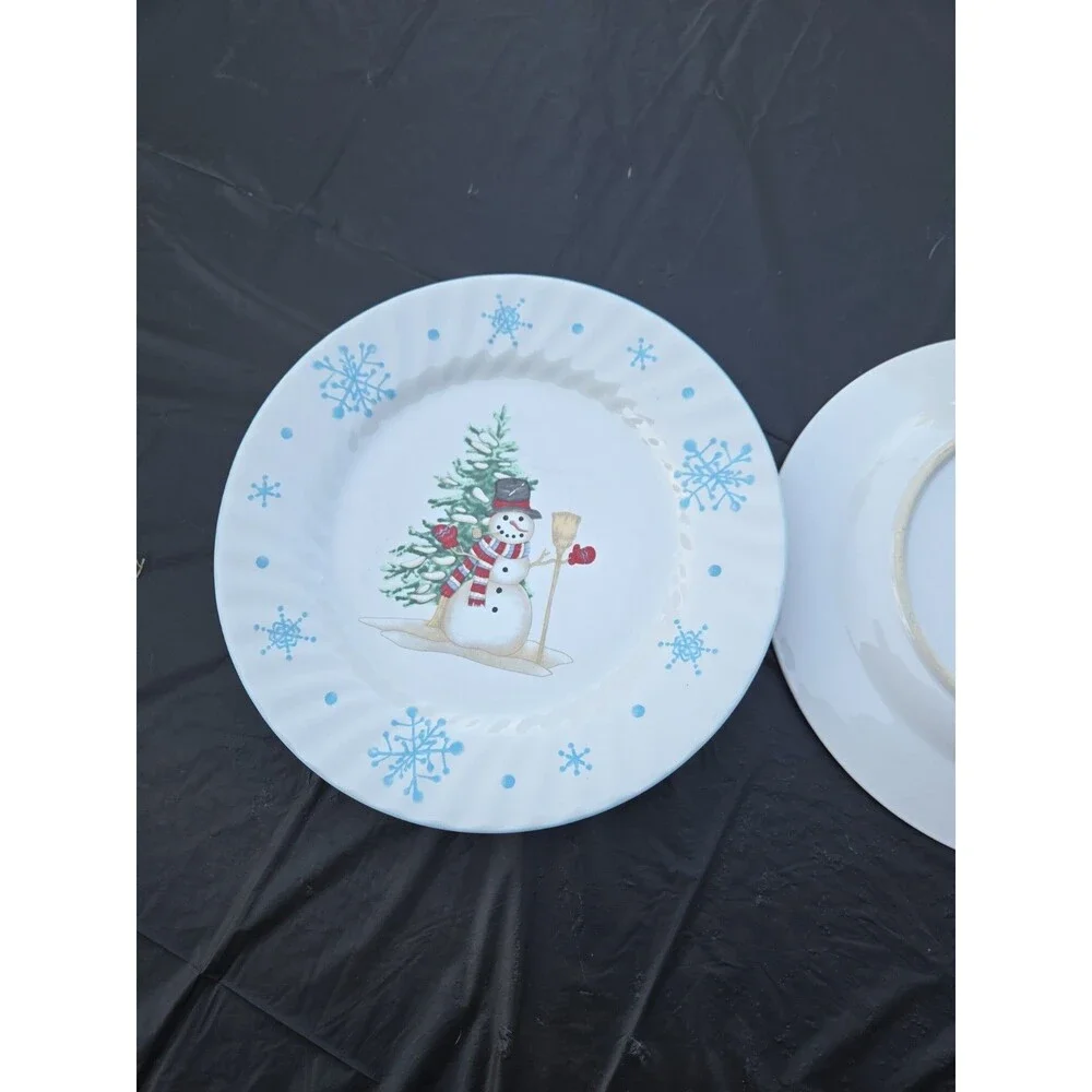 Christmas Village Snowman Snowflake Ceramic Dinner Plates 10.5